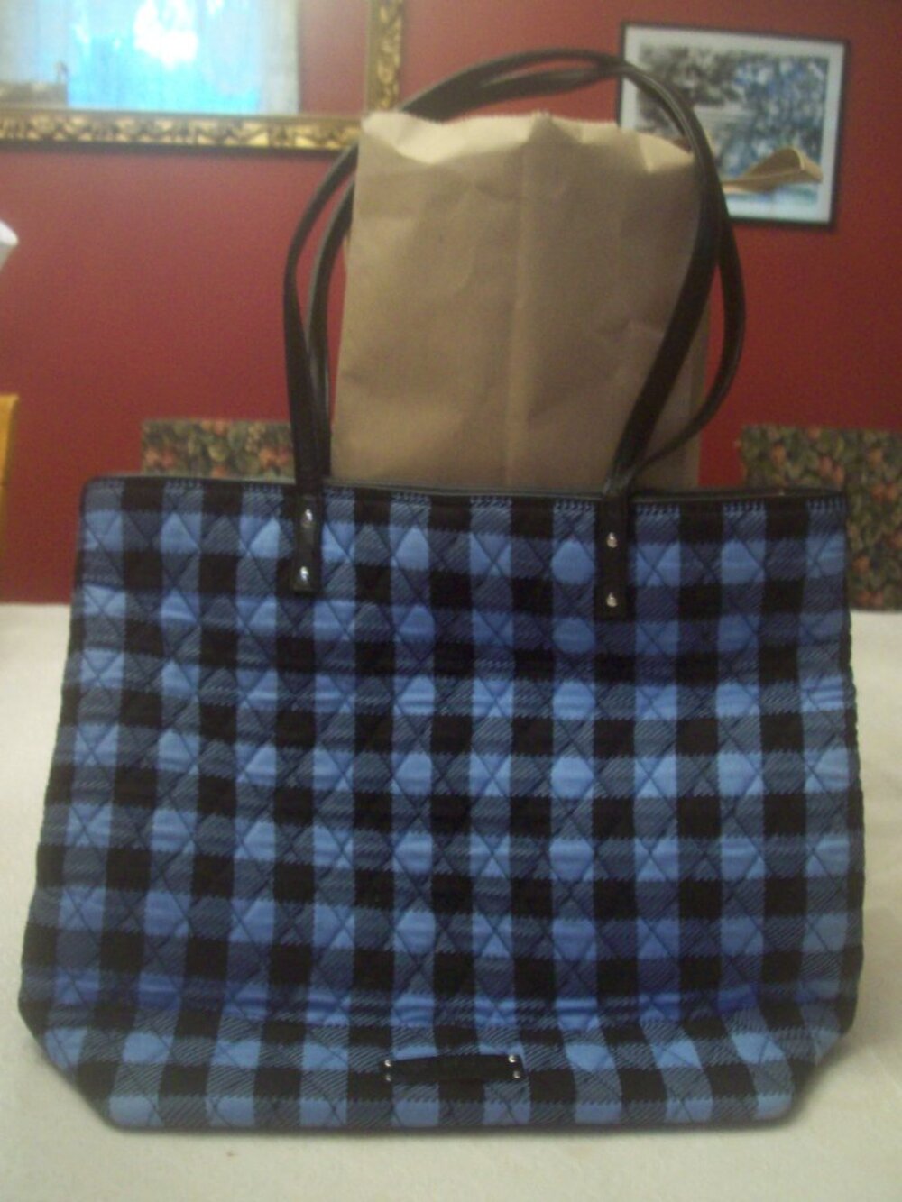 Vera Bradley Alpine Blue Plaid Quilted Large Faux Leather Trim Tote Bag, EUC